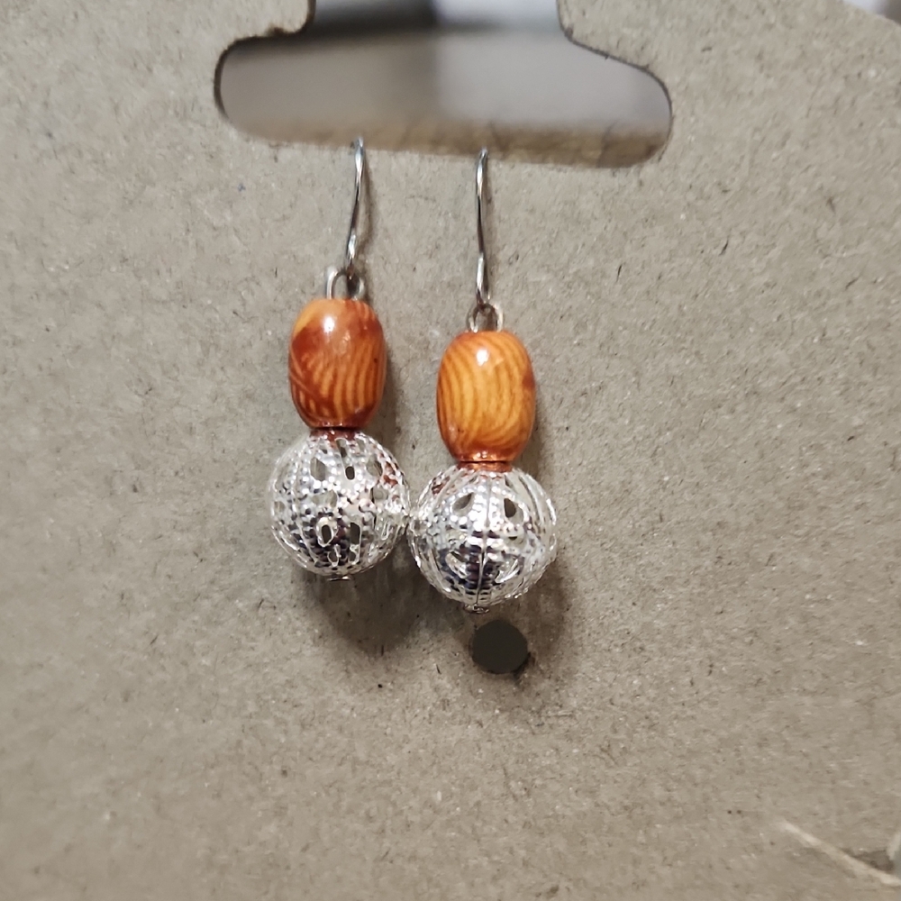 Silver Tone Hook and Metal And Orange Wood Beaded Earrings Handmade Artisan NWT